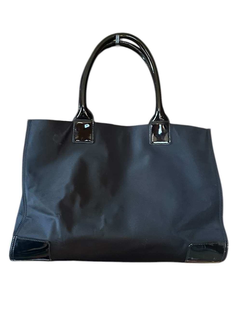 Tory Burch Ella Nylon Medium Patent Leather Logo Black Tote Purse Bag - Picture 4 of 14